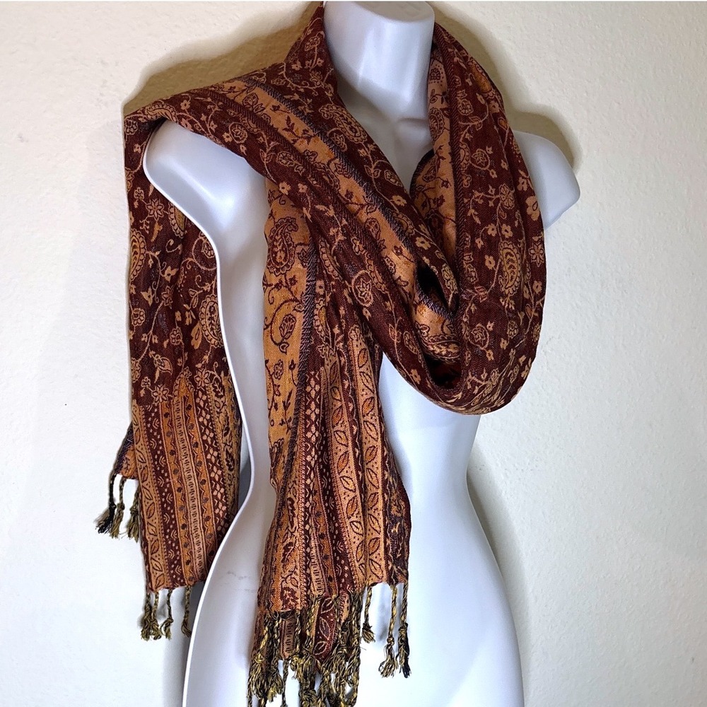 Scarf Red Gold Boho Reversible Paisley Fringe Wrap Indie Sleaze Snob